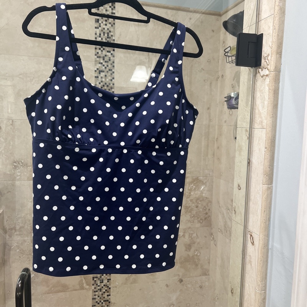 Lands End Tankini Top 18DD Blue Polka Dot Underwire Built-in Bra Swim Top